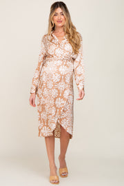 Taupe Floral Collared Button Front Wrap Satin Maternity Midi Dress