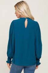 Teal Chiffon Ruffle Accent Pleated Blouse