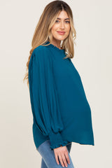 Teal Chiffon Ruffle Accent Pleated Maternity Blouse