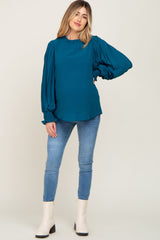 Teal Chiffon Ruffle Accent Pleated Maternity Blouse