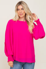 Fuchsia Chiffon Ruffle Accent Pleated Blouse