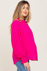 Fuchsia Chiffon Ruffle Accent Pleated Maternity Blouse