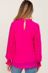 Fuchsia Chiffon Ruffle Accent Pleated Maternity Blouse