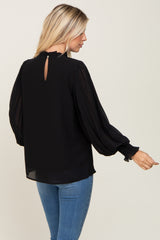 Black Chiffon Ruffle Accent Pleated Blouse