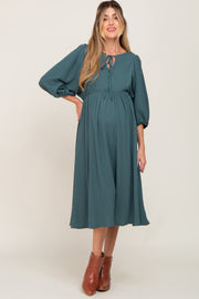 Emerald Green Front Tie Keyhole 3/4 Sleeve Maternity Midi Dress