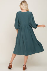 Emerald Green Front Tie Keyhole 3/4 Sleeve Midi Dress