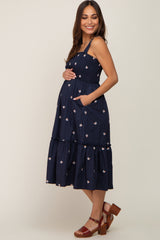 Navy Blue Sleeveless Floral Embroidered Maternity Midi Dress