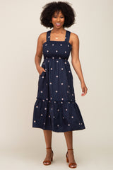 Navy Blue Sleeveless Floral Embroidered Maternity Midi Dress