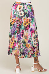 Fuchsia Floral Pleated Midi Skirt