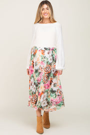 Orange Floral Pleated Maternity Midi Skirt