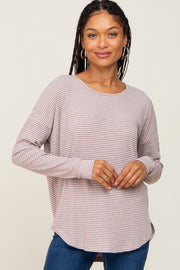 Mocha Striped Knit Long Sleeve Curved Hem Top