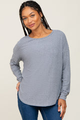 Navy Striped Knit Long Sleeve Curved Hem Top