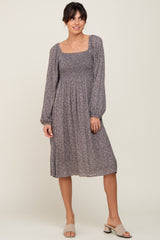 Grey Printed Smocked Long Sleeve Dress