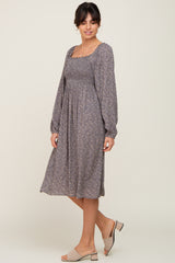 Grey Printed Smocked Long Sleeve Dress