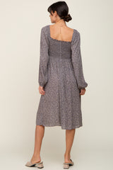 Grey Printed Smocked Long Sleeve Dress