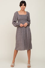 Grey Printed Smocked Long Sleeve Dress