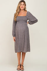 Grey Printed Smocked Long Sleeve Maternity Dress