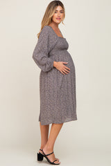 Grey Printed Smocked Long Sleeve Maternity Dress