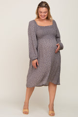 Grey Floral Square Neck Smocked Maternity Plus Midi Dress