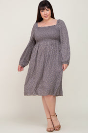 Grey Floral Square Neck Smocked Plus Midi Dress