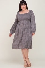 Grey Floral Square Neck Smocked Maternity Plus Midi Dress