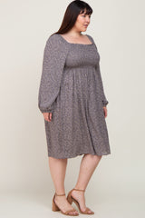 Grey Floral Square Neck Smocked Plus Midi Dress