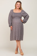 Grey Floral Square Neck Smocked Maternity Plus Midi Dress