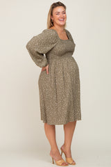 Olive Printed Long Sleeve Plus Maternity Midi Dress