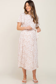 Ivory Floral Pleated Maternity Midi Dress