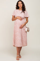 Light Pink Floral Pleated Maternity Midi Dress