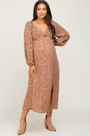 Mocha Floral Front Twist Maternity Midi Dress