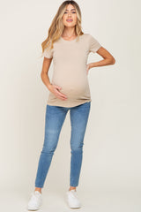 Beige Basic Crew Neck Maternity Tee