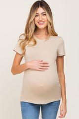 Beige Basic Crew Neck Maternity Tee