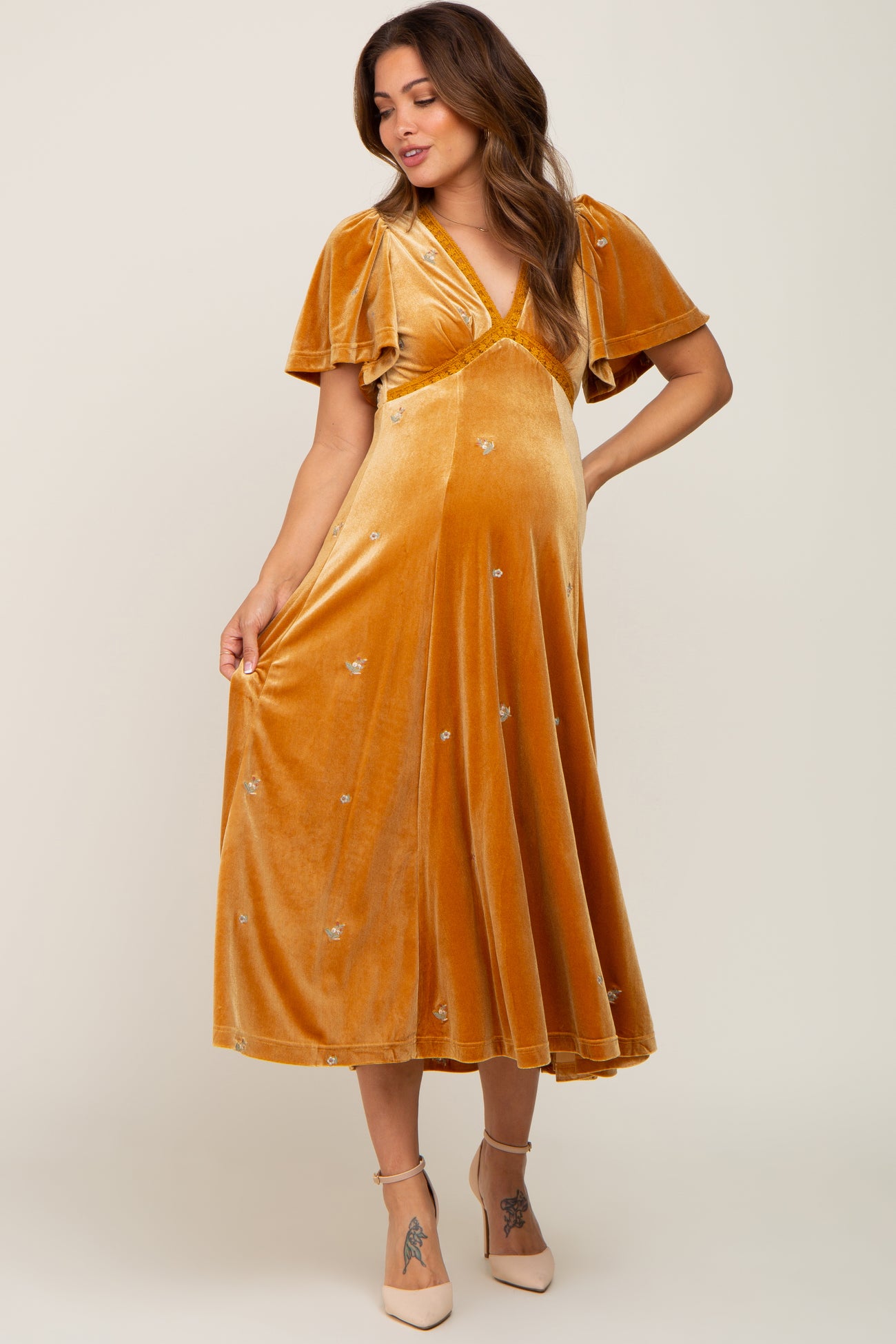 Leafy Gold Embellished Maternity & Nursing Dress–