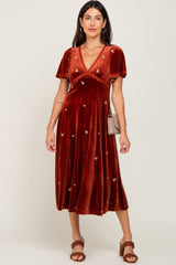 Rust Velvet Embroidered Midi Dress