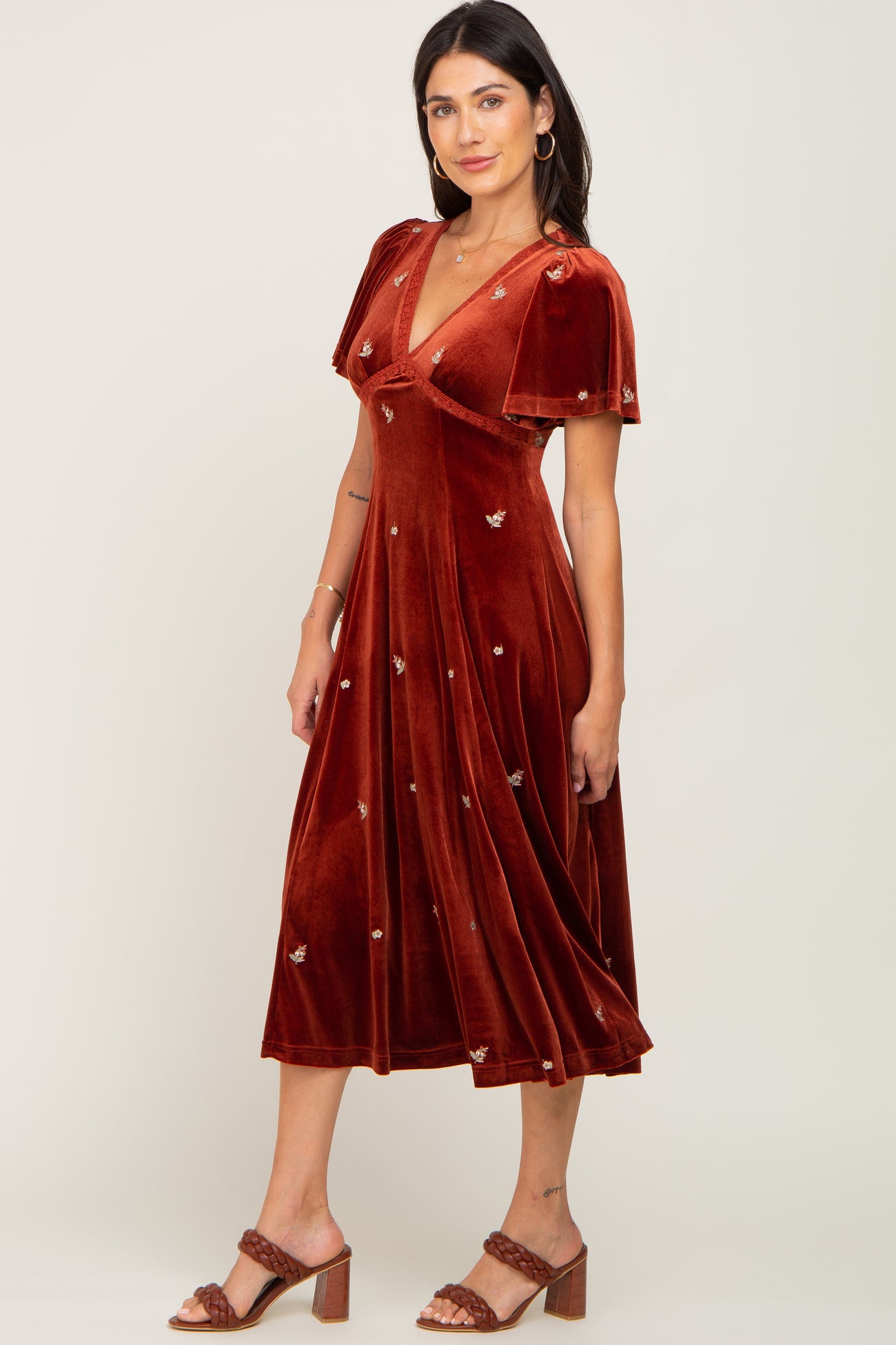 Rust Velvet Embroidered Midi Dress– PinkBlush