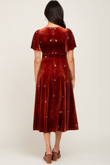 Rust Velvet Embroidered Midi Dress