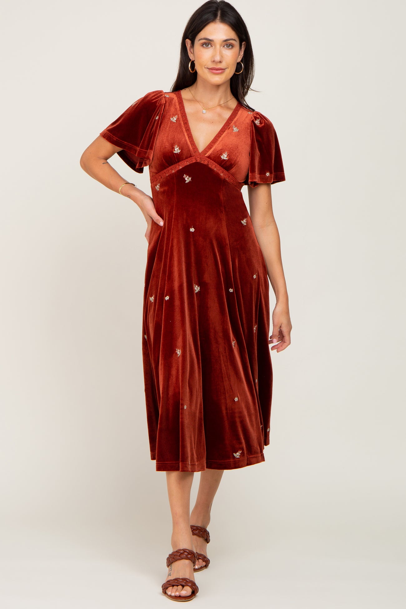 Rust Velvet Embroidered Midi Dress– PinkBlush