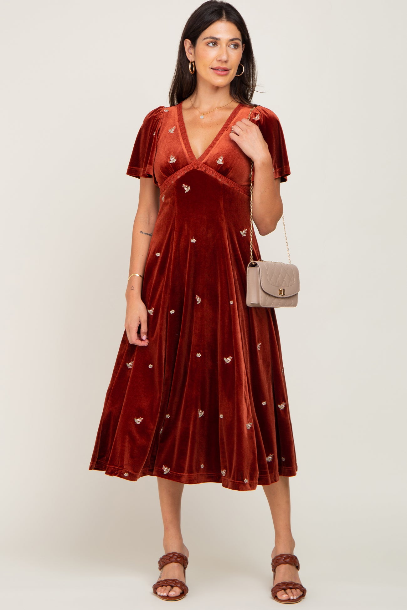 Rust Velvet Embroidered Midi Dress– PinkBlush