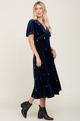 Navy Velvet Embroidered Midi Dress