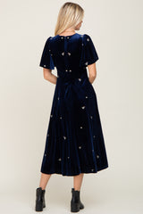 Navy Velvet Embroidered Midi Dress