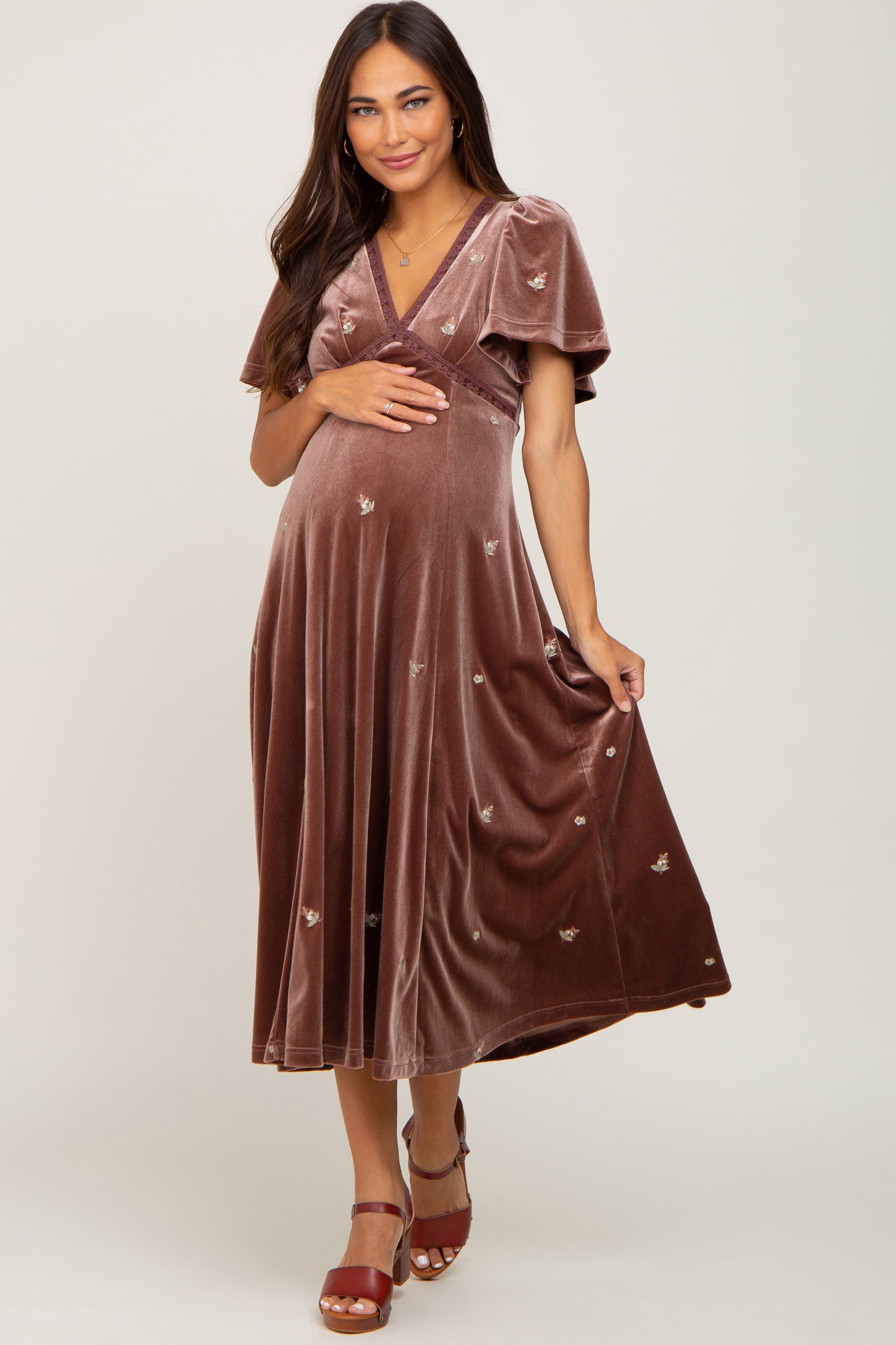 Mocha Velvet Embroidered Maternity Midi Dress– PinkBlush