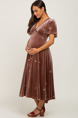 Mocha Velvet Embroidered Maternity Midi Dress