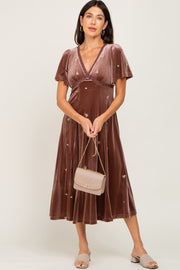 Mocha Velvet Embroidered Midi Dress