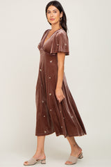 Mocha Velvet Embroidered Midi Dress