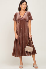 Mocha Velvet Embroidered Midi Dress