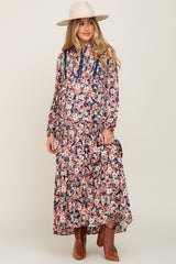 Navy Floral Pleated Front Button Maternity Maxi Dress