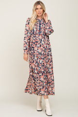 Navy Floral Pleated Front Button Maxi Dress