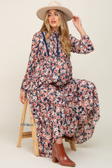 Navy Floral Pleated Front Button Maternity Maxi Dress