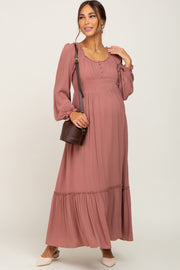 Mauve Lace Trim Smocked Waist Maternity Maxi Dress